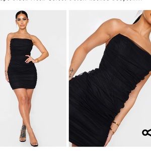 Black Mesh Corset Detail Ruched Bodycon Dress